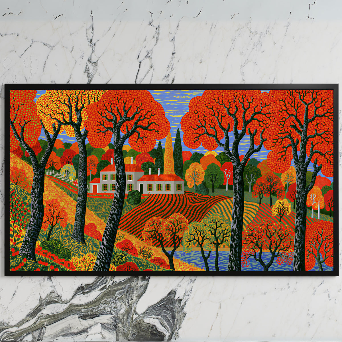 Folk art autumn farmhouse art on a black TV on a white marble wall