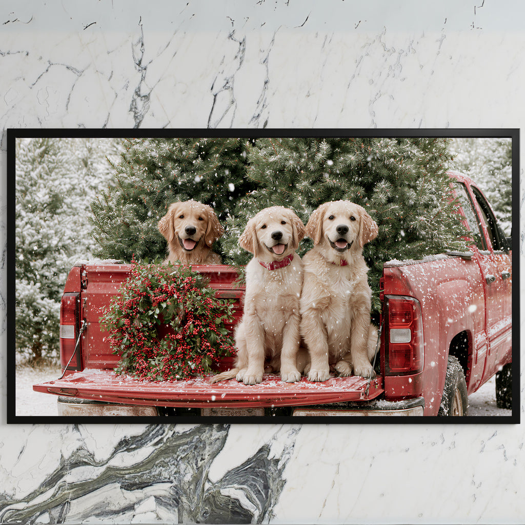 Christmas puppies art on a black TV on a white marble wall