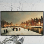 Amsterdam canal in snow art on a black TV on a white marble wall