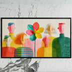 Faceless people and flower art on a black TV on a white marble wall