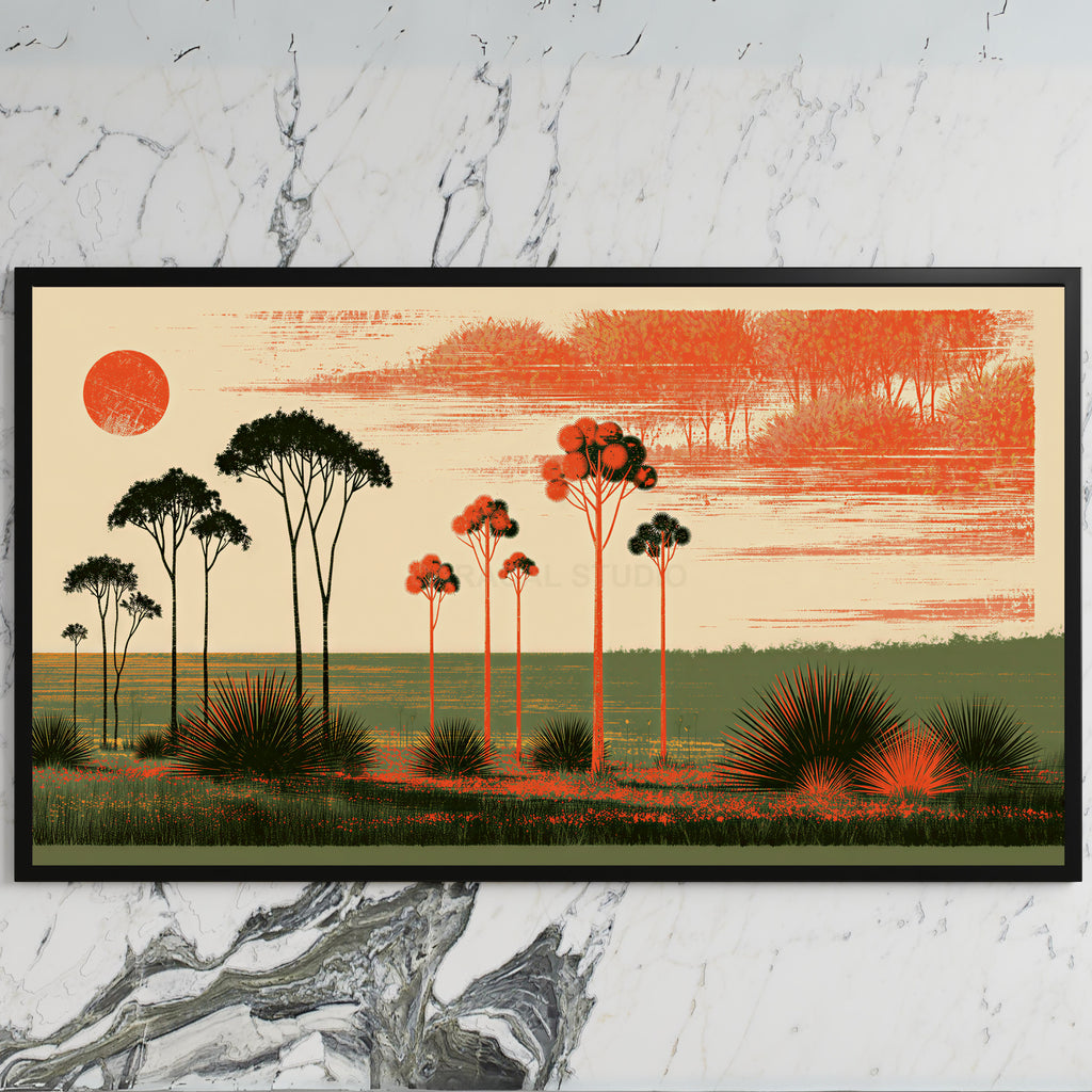 Block print trees art on a black TV on a white marble wall