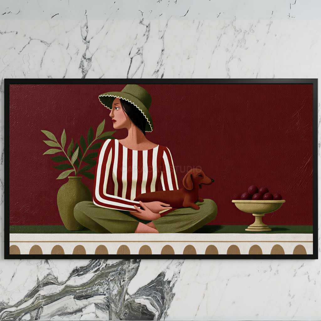 Woman with a dachshund art on a black TV on a white marble wall