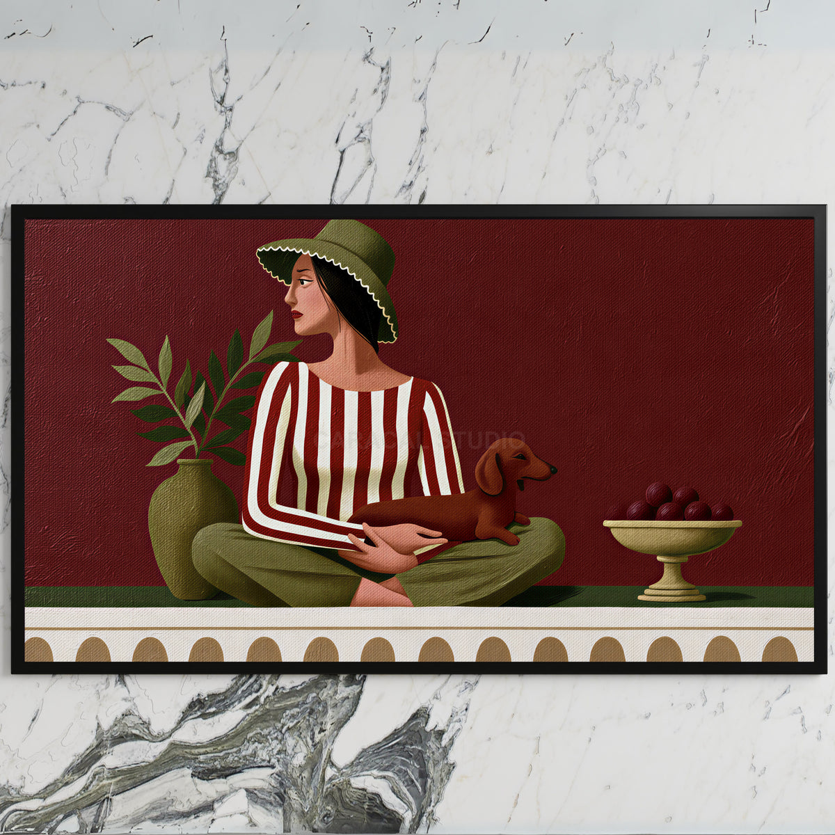 Woman with a dachshund art on a black TV on a white marble wall