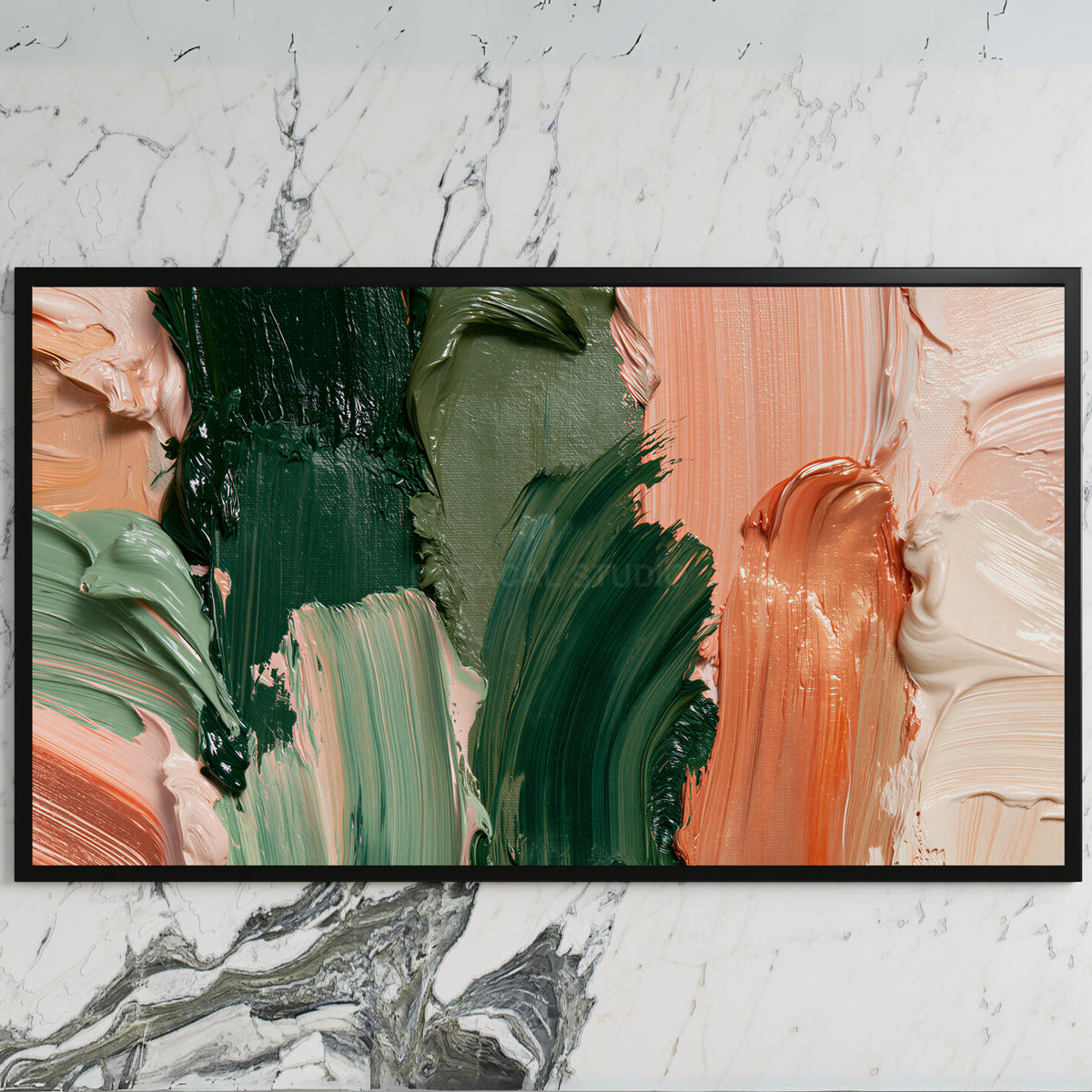 Green and copper strokes art on a black TV on a white marble wall