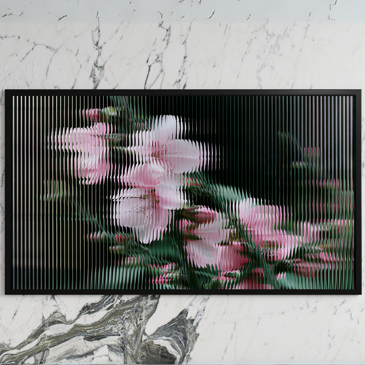 Fluted glass blossom art on a black TV on a white marble wall