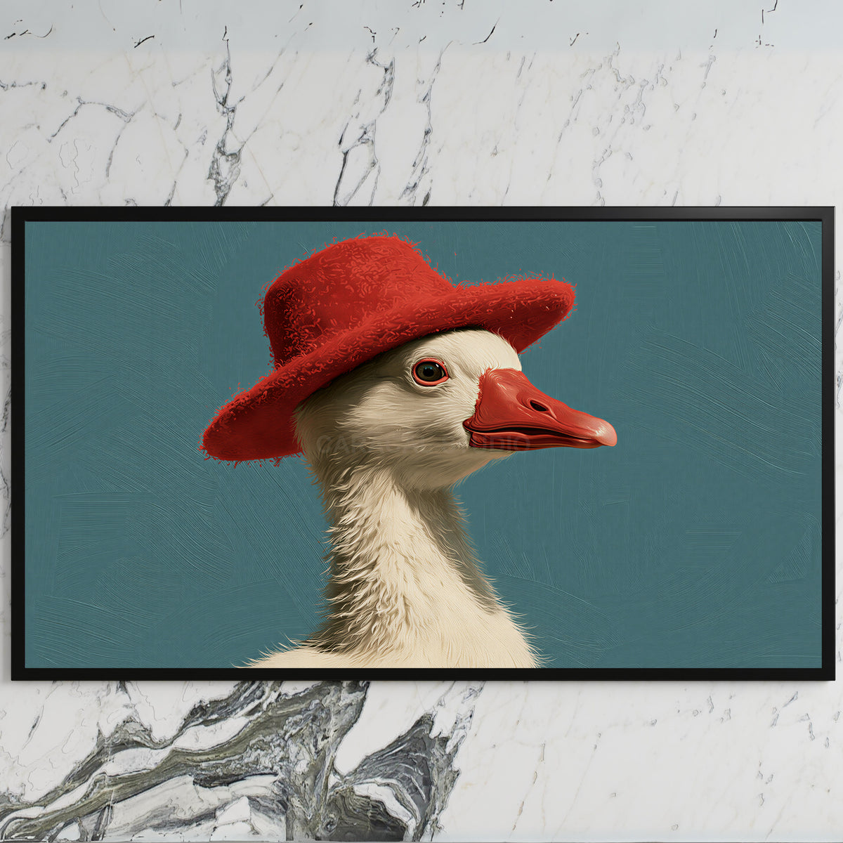 Duck in a red hat art on a black TV on a white marble wall