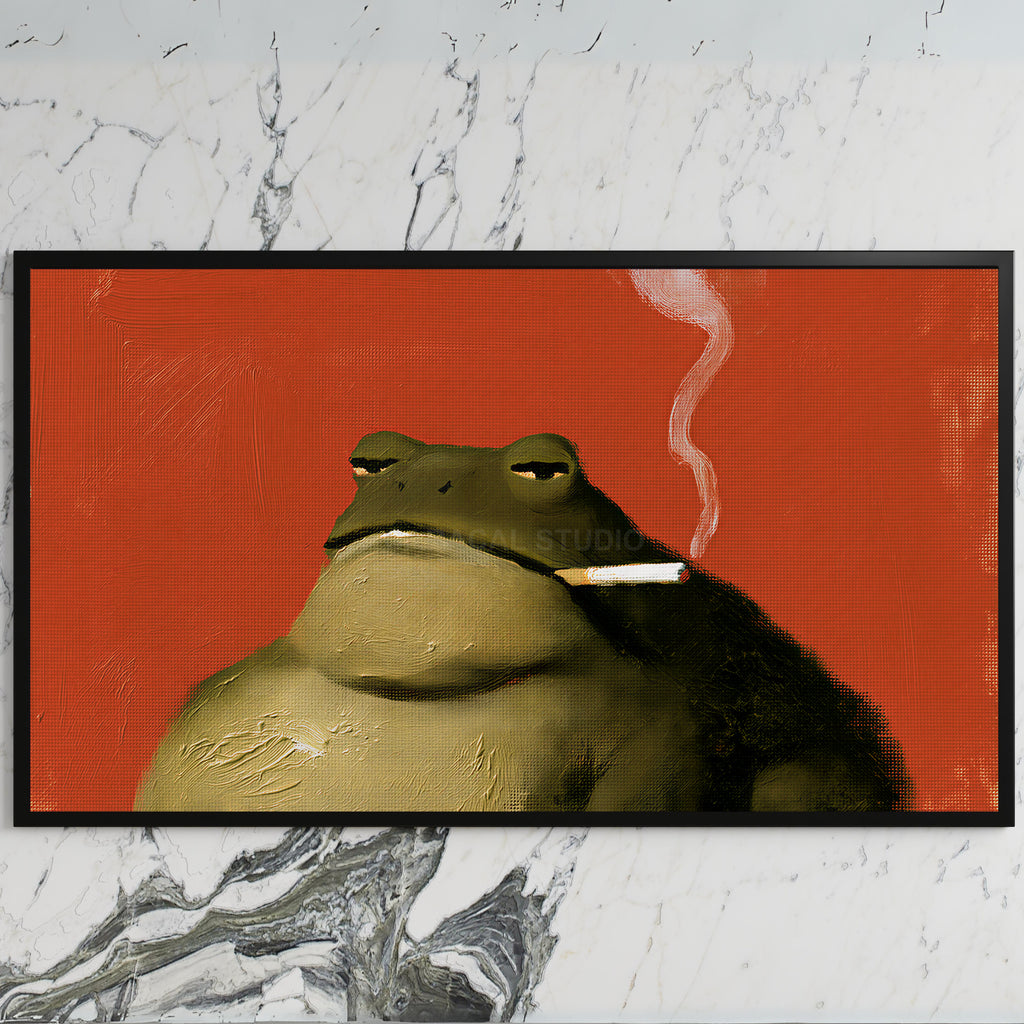 Smoking toad art on a black TV on a white marble wall