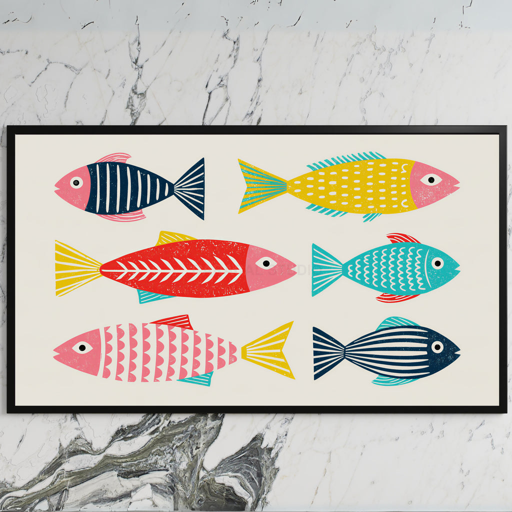 Linocut fish art on a black TV on a white marble wall