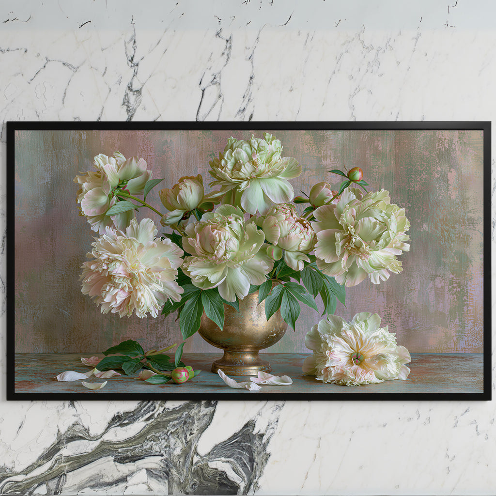 Peonies in a brass urn art on a black TV on a white marble wall