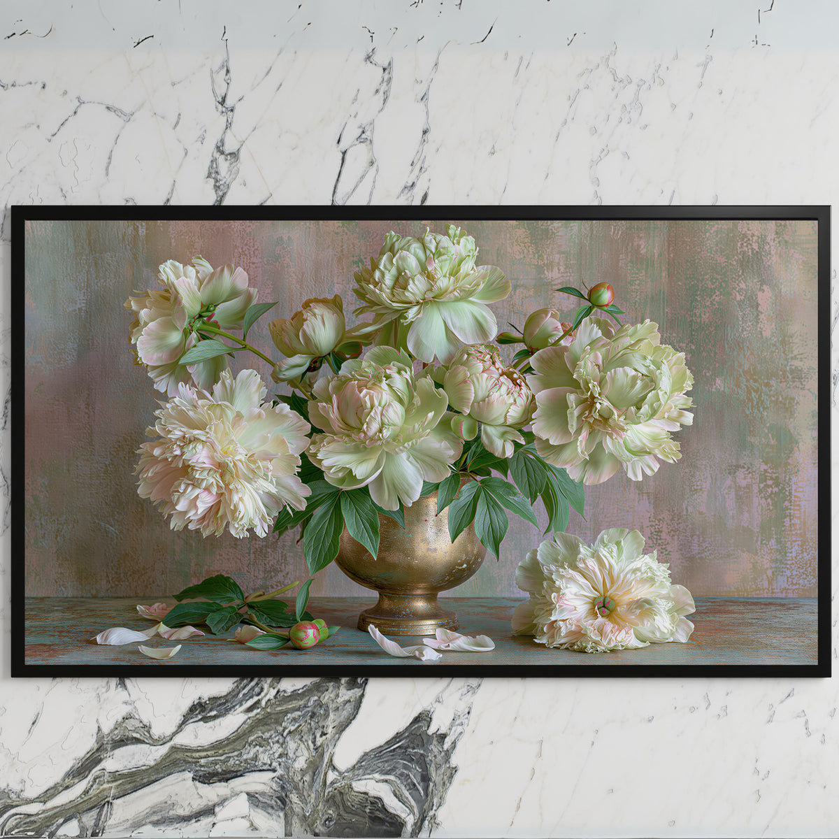 Peonies in a brass urn art on a black TV on a white marble wall