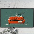 Reindeer on a sofa art on a black TV on a white marble wall