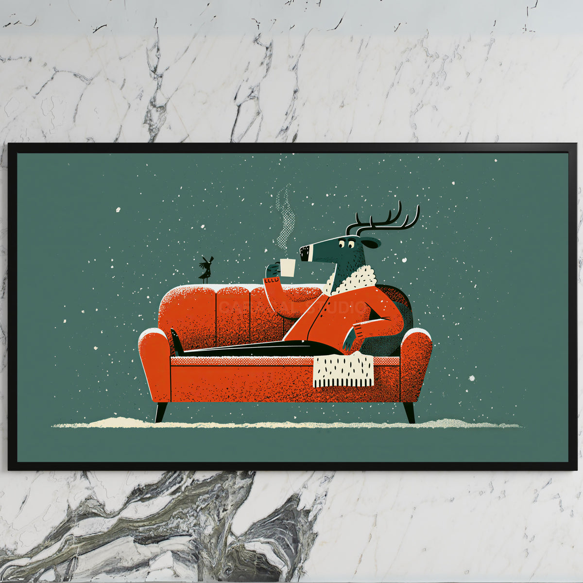 Reindeer on a sofa art on a black TV on a white marble wall