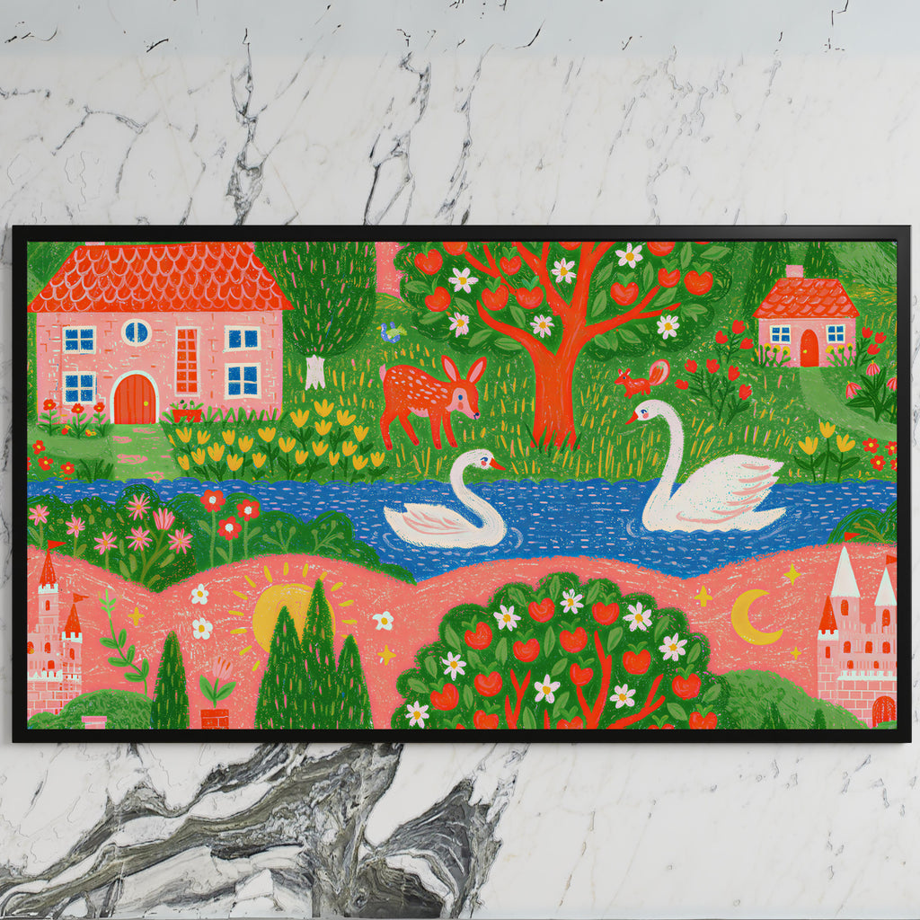 Storybook village with swans art on a black TV on a white marble wall