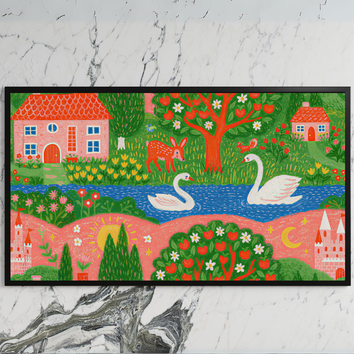 Storybook village with swans art on a black TV on a white marble wall