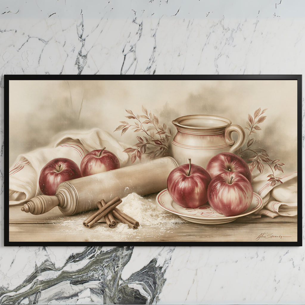 Farmhouse apples art on a black TV on a white marble wall
