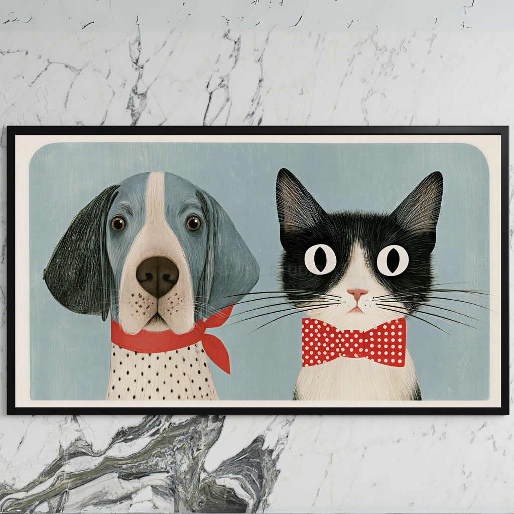 Dog and cat art on a black TV on a white marble wall