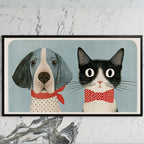 Dog and cat art on a black TV on a white marble wall