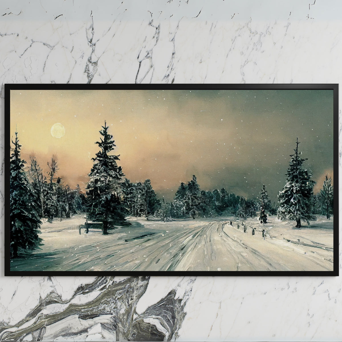 Snowy forest art on a black TV on a white marble wall