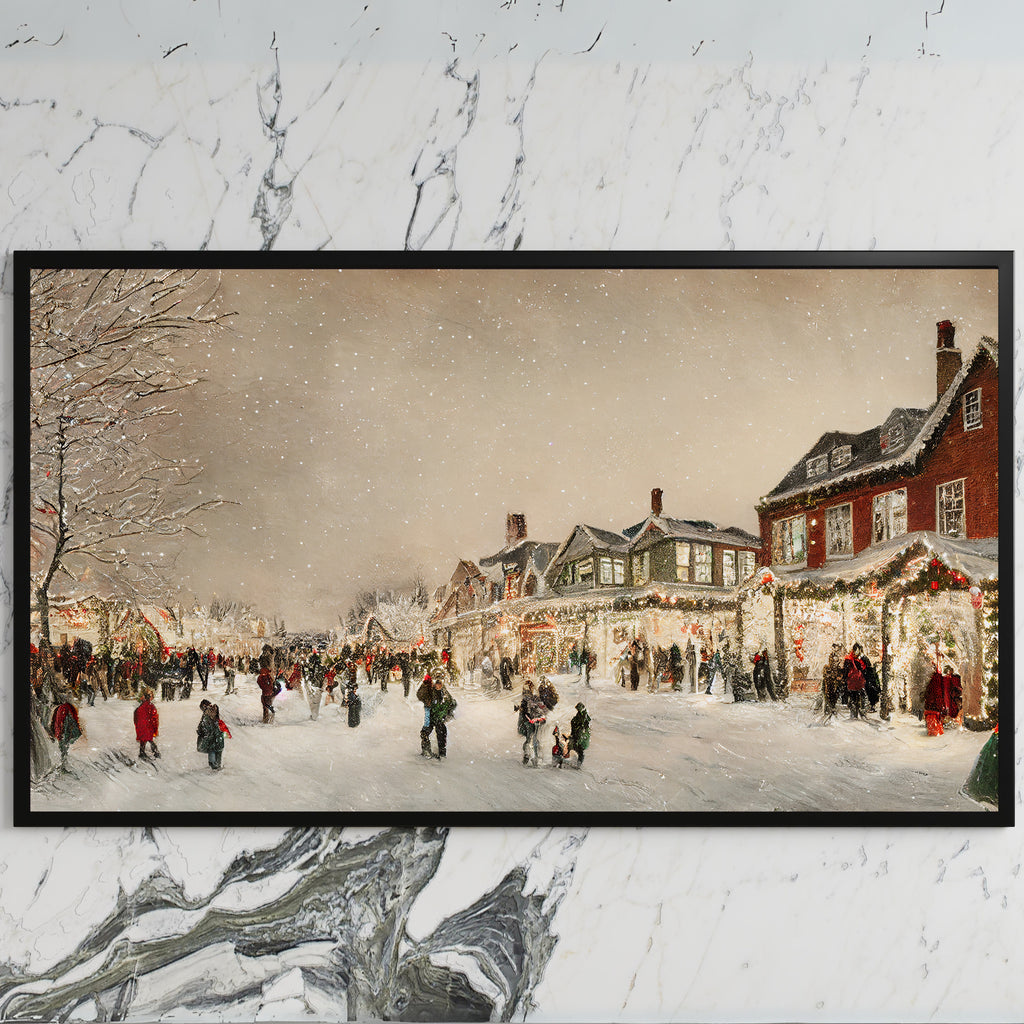 Christmas village street art on a black TV on a white marble wall