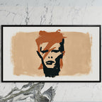 Lightning bolt portrait art on a black TV on a white marble wall