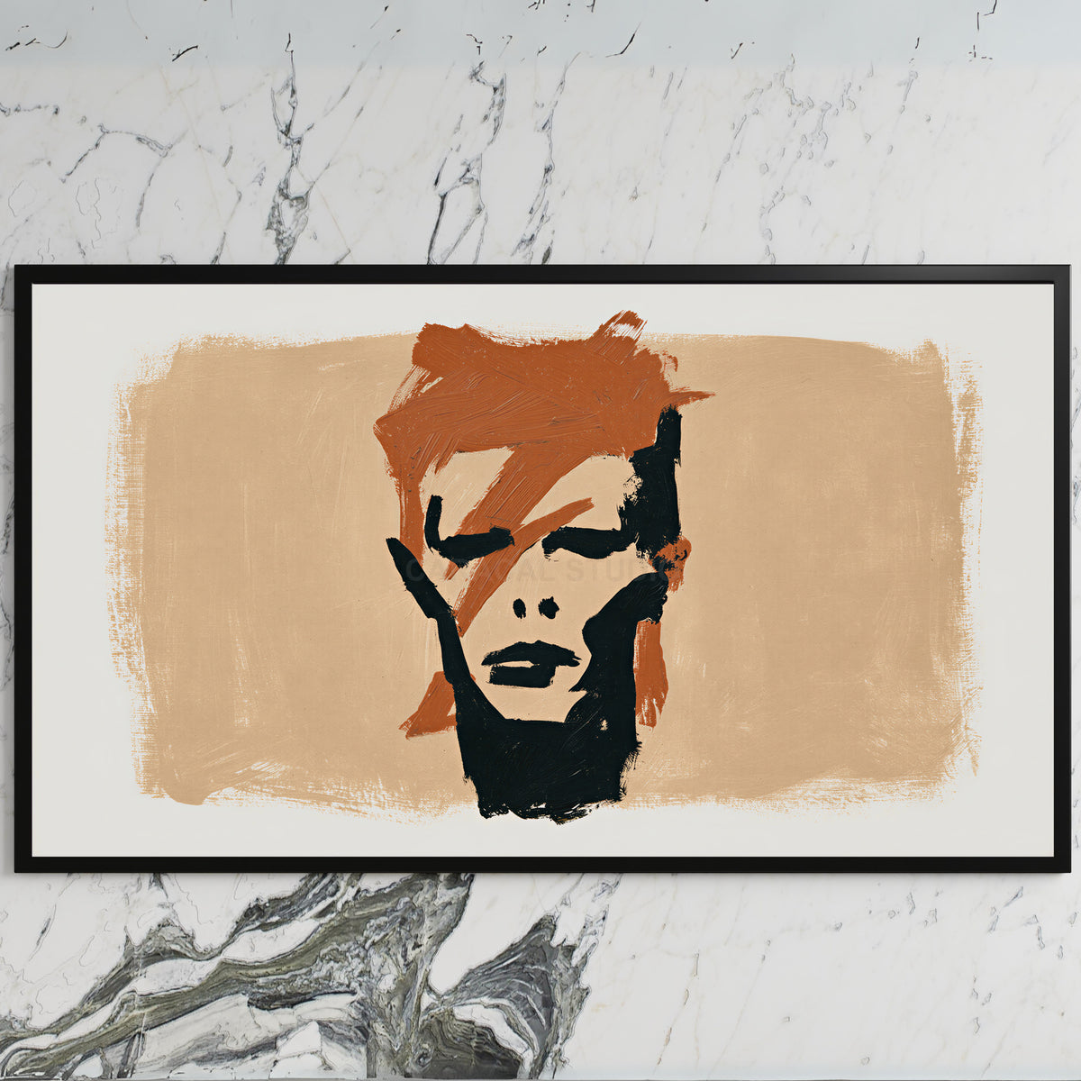 Lightning bolt portrait art on a black TV on a white marble wall
