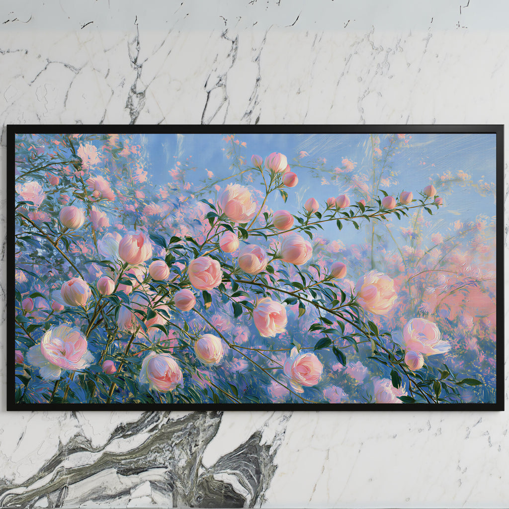 Pink spring flower buds art on a black TV on a white marble wall