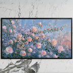 Pink spring flower buds art on a black TV on a white marble wall