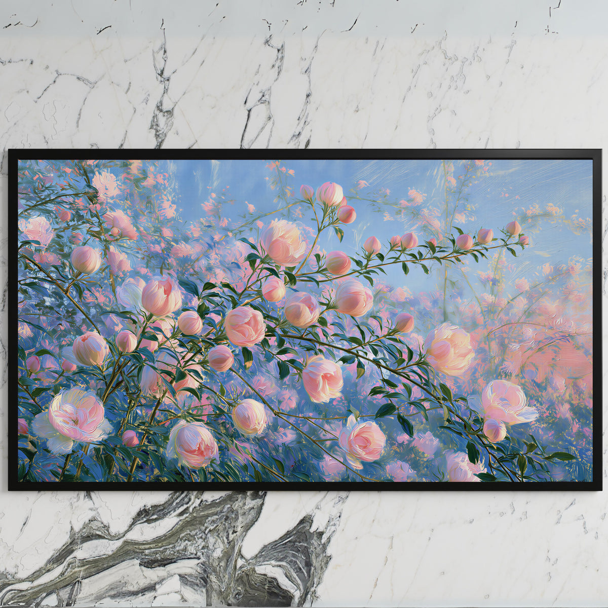 Pink spring flower buds art on a black TV on a white marble wall