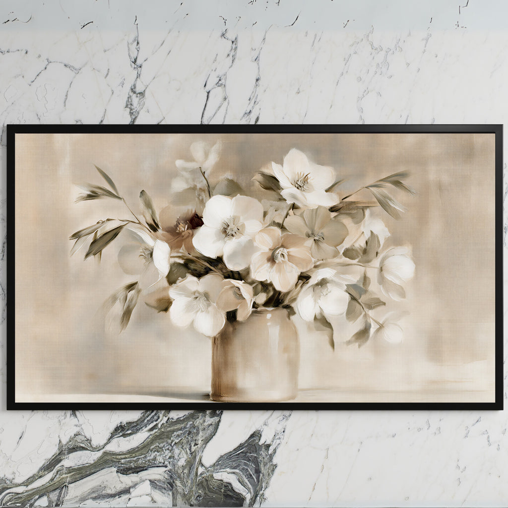 White hellebores art on a black TV on a white marble wall