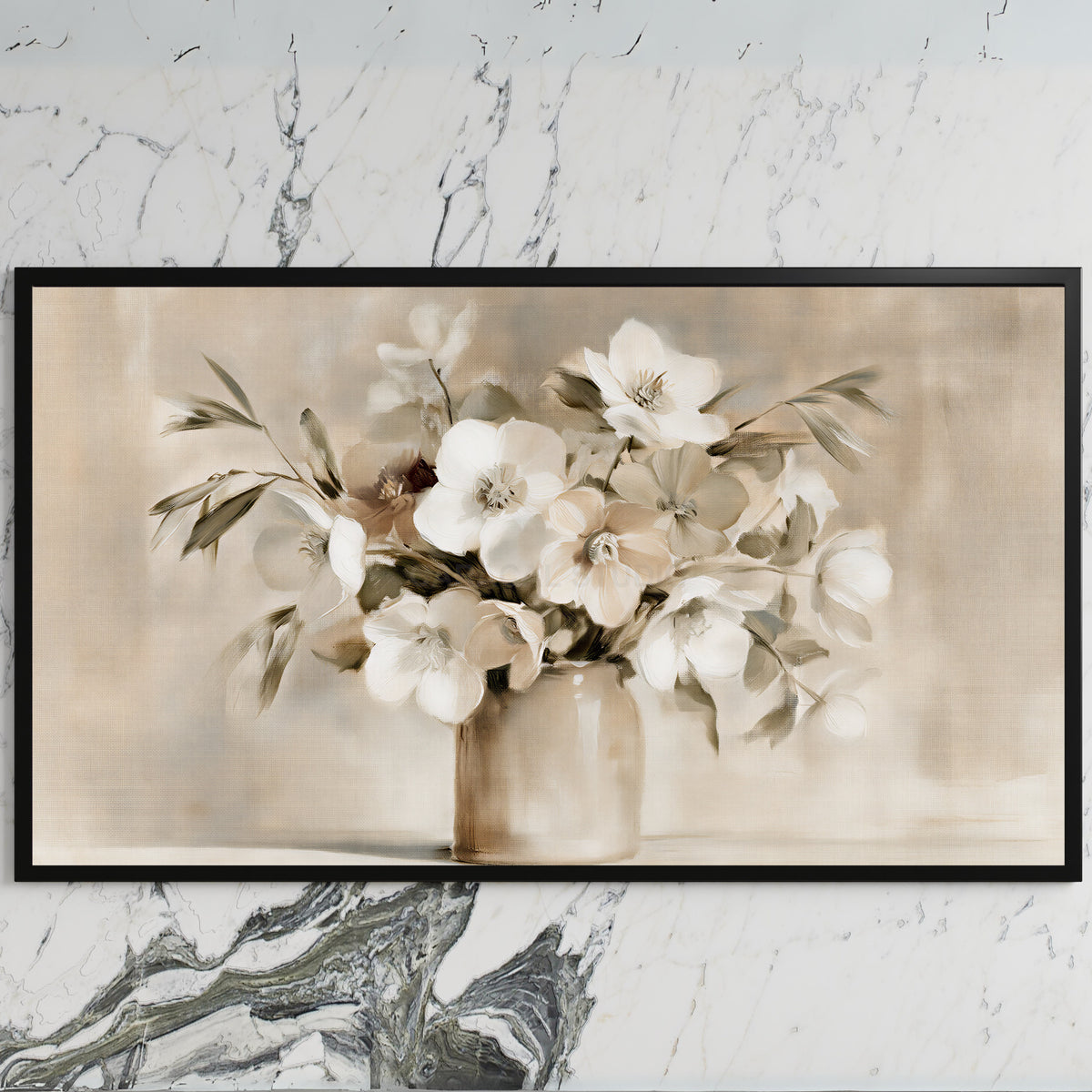 White hellebores art on a black TV on a white marble wall