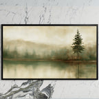 Misty lake pine art on a black TV on a white marble wall