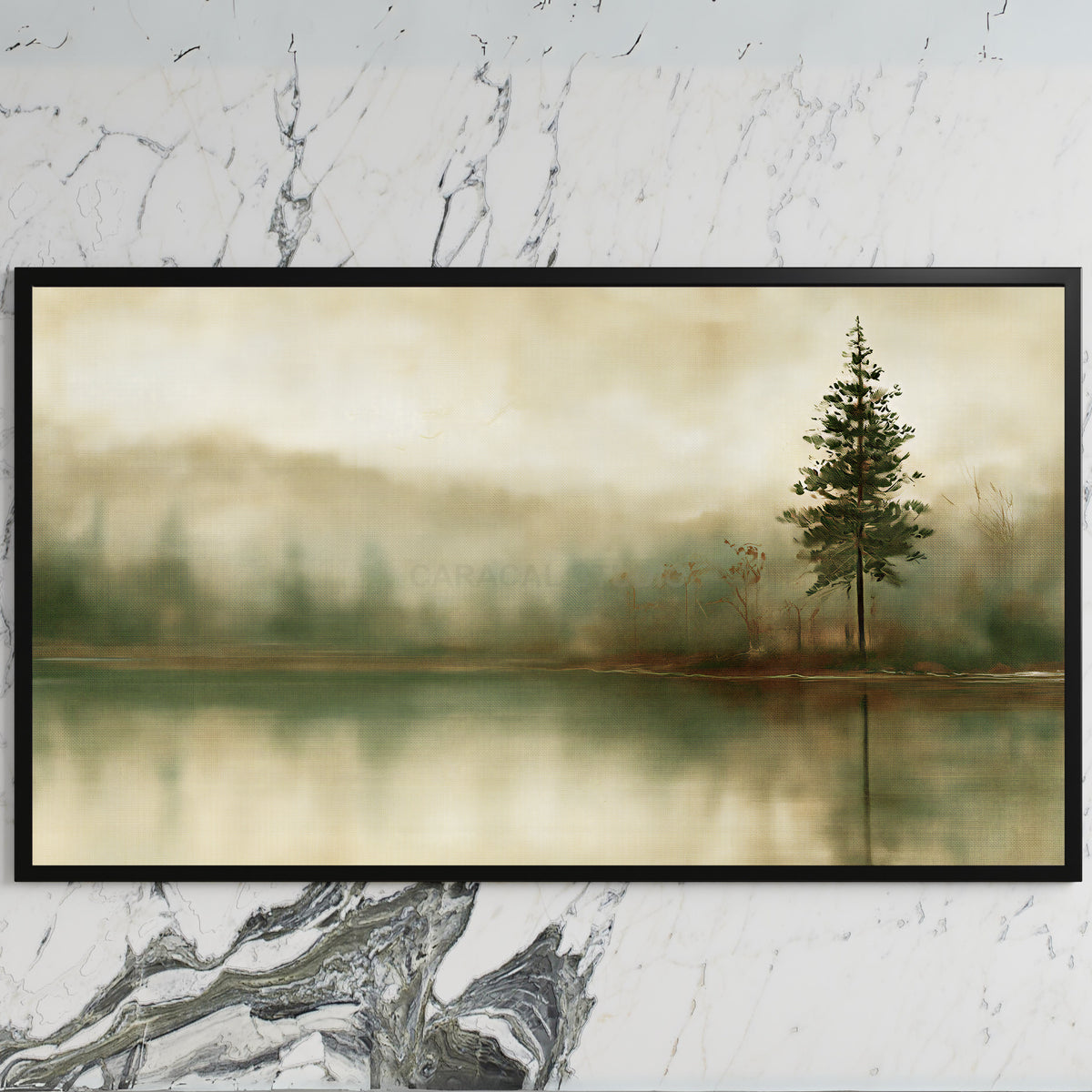 Misty lake pine art on a black TV on a white marble wall