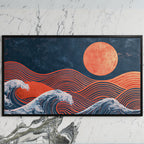 Japanese waves and sun art on a black TV on a white marble wall