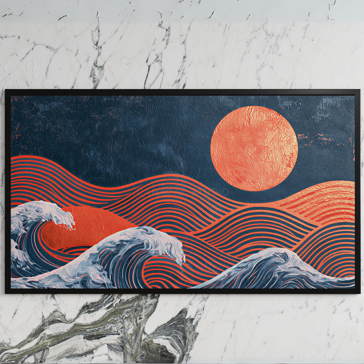 Japanese waves and sun art on a black TV on a white marble wall