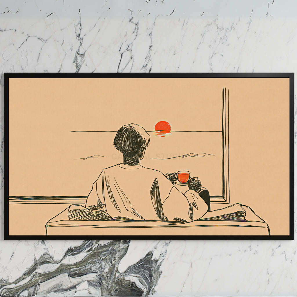 Sunset tea art on a black TV on a white marble wall