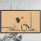 Sunset tea art on a black TV on a white marble wall