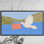 Dove with a letter art on a black TV on a white marble wall