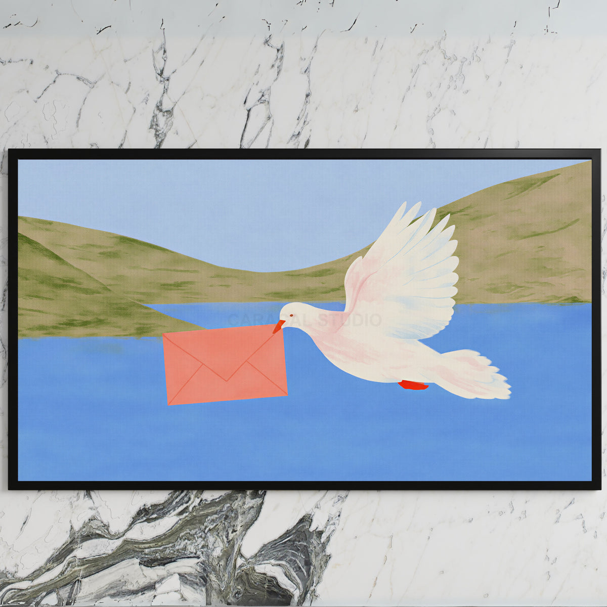 Dove with a letter art on a black TV on a white marble wall