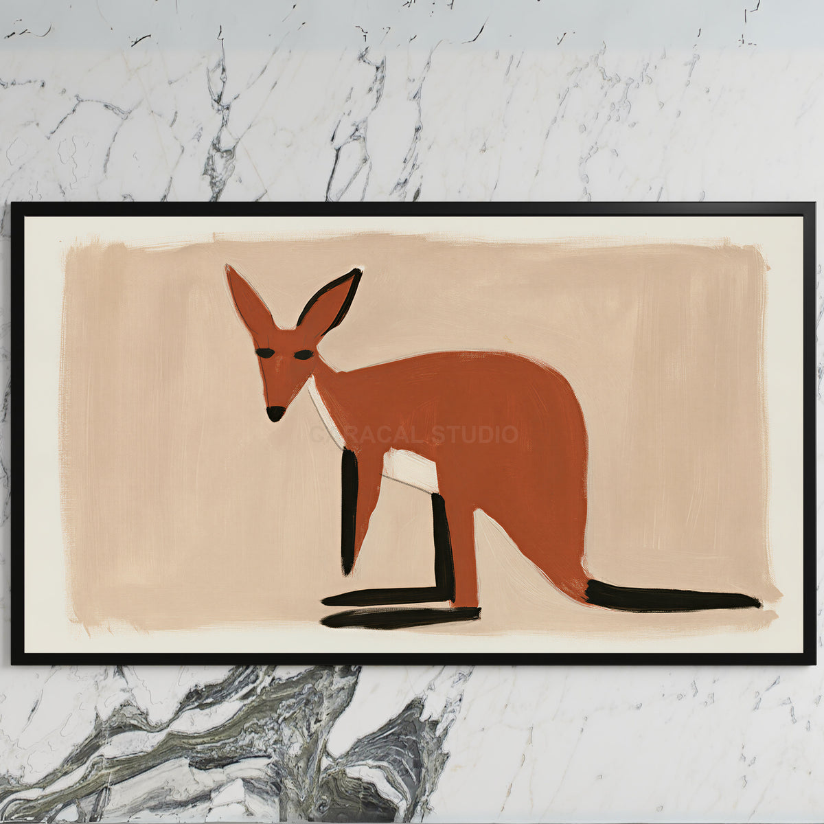 Minimalist wallaby art on a black TV on a white marble wall