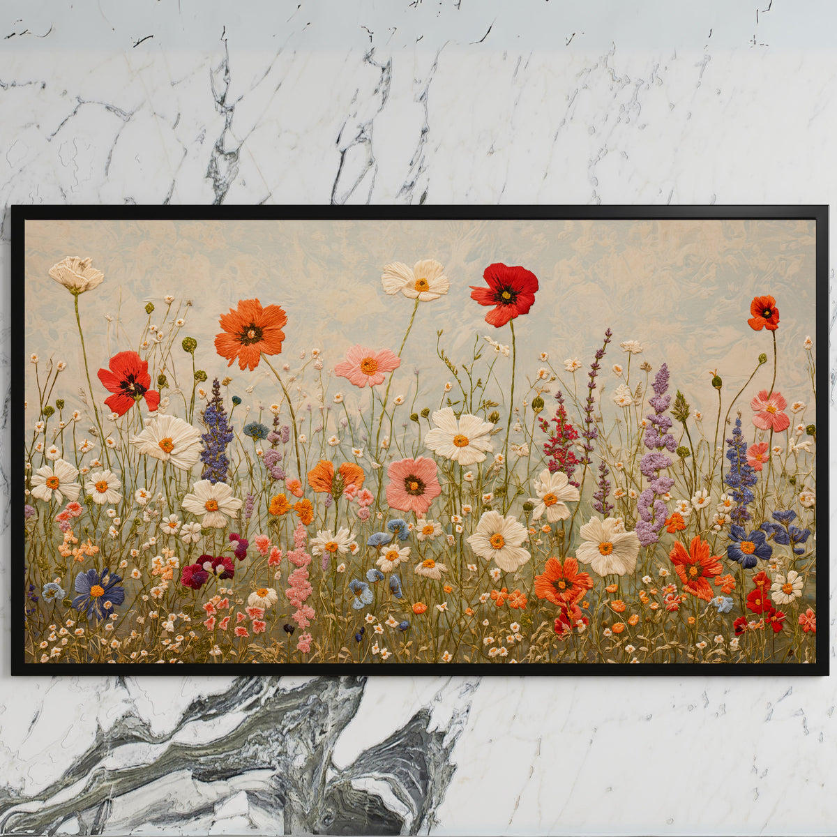 Wildflower meadow art on a black TV on a white marble wall