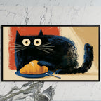 Croissant black cat art on a black TV on a white marble wall