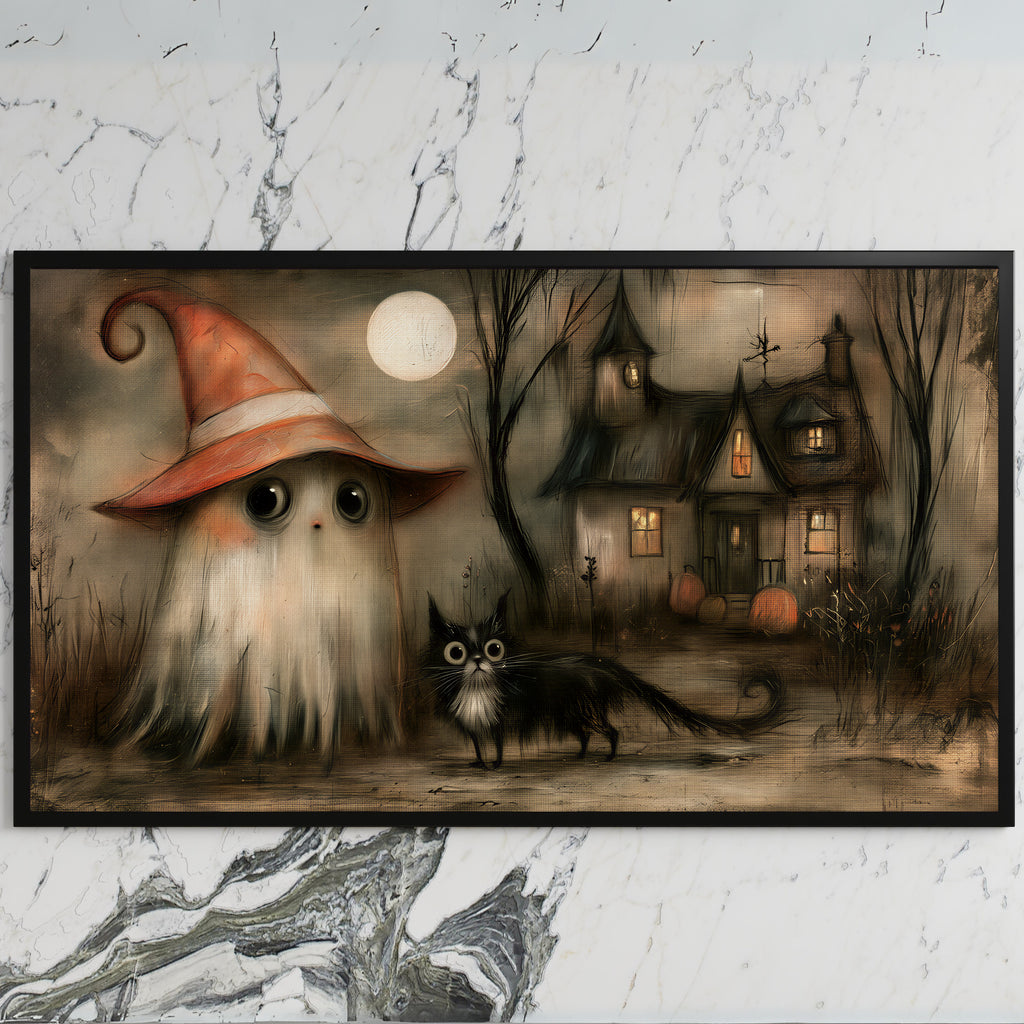 Ghost witch and black cat art on a black TV on a white marble wall