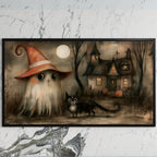 Ghost witch and black cat art on a black TV on a white marble wall