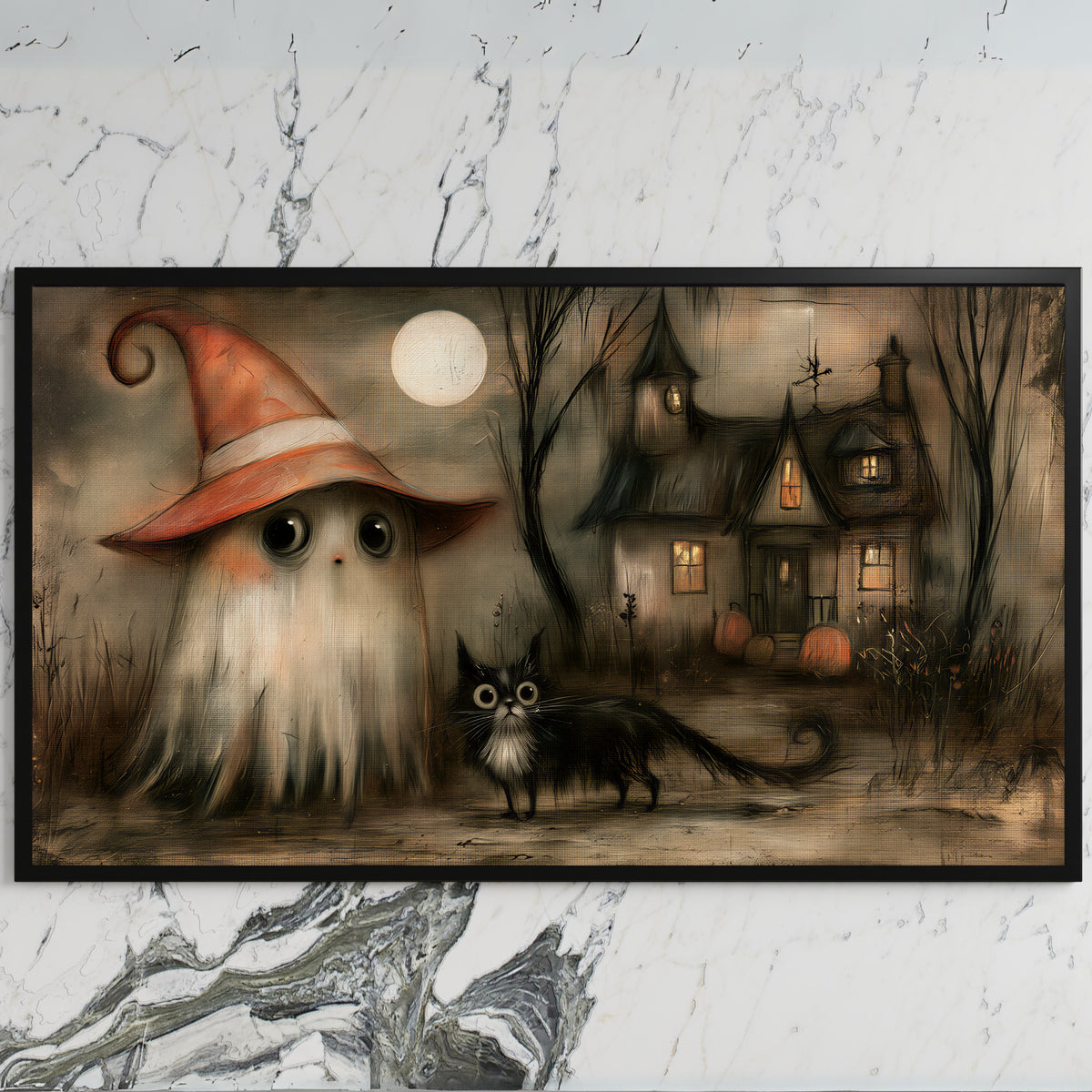 Ghost witch and black cat art on a black TV on a white marble wall