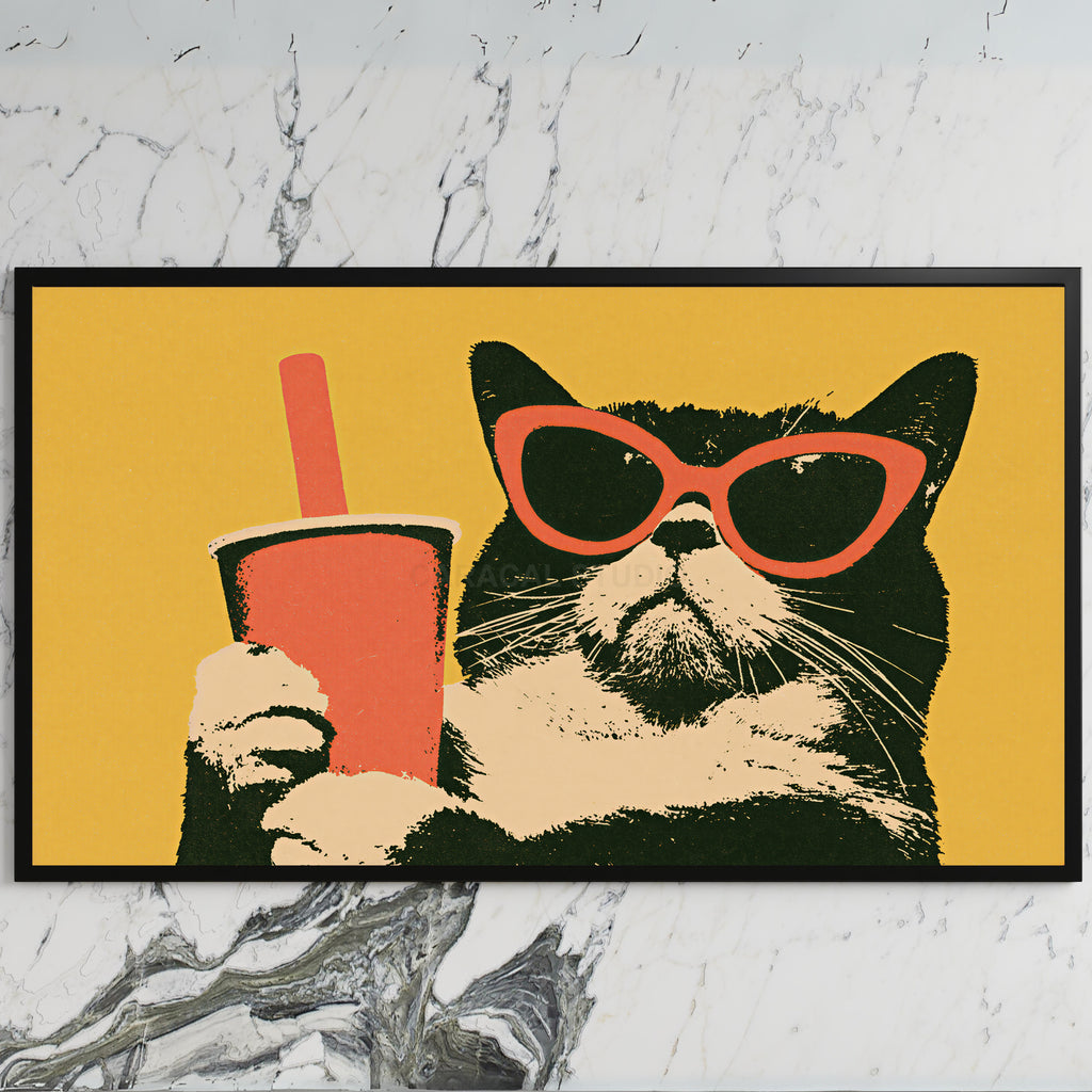 Funny cat in sunglasses art on a black TV on a white marble wall