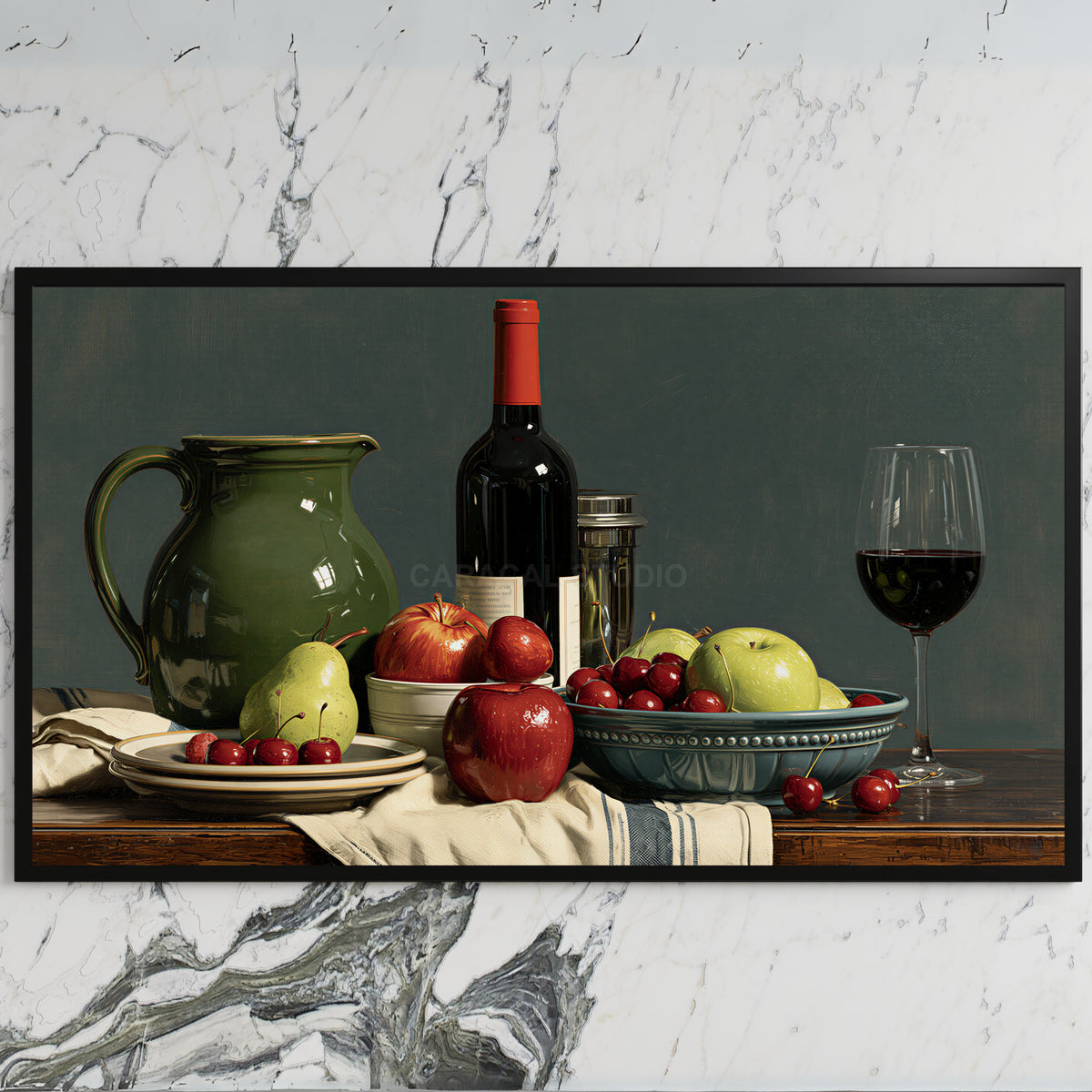 Wine and fruit still life art on a black TV on a white marble wall