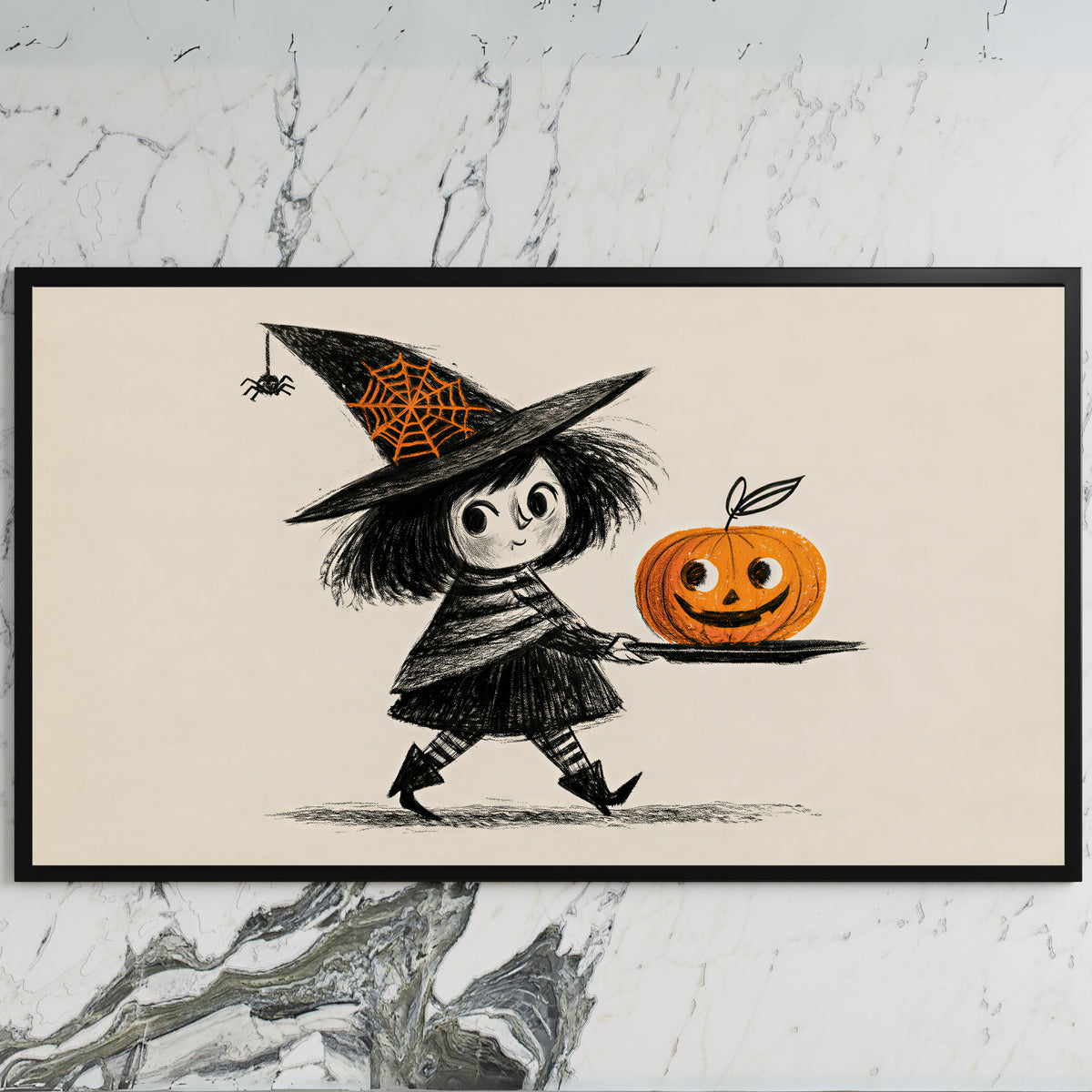 Little witch art on a black TV on a white marble wall