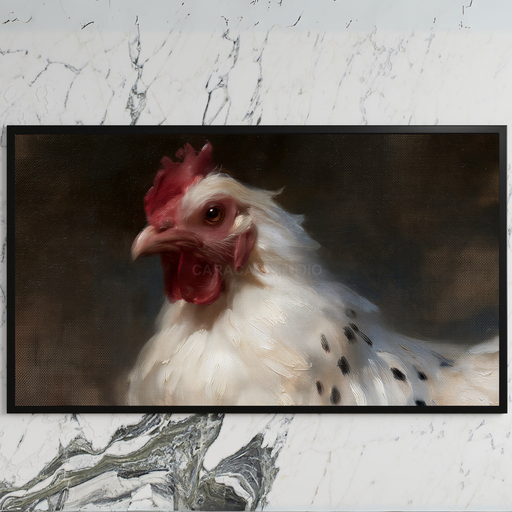 White hen portrait art on a black TV on a white marble wall