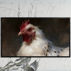 White hen portrait art on a black TV on a white marble wall