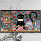 Black cat at a tea party art on a black TV on a white marble wall
